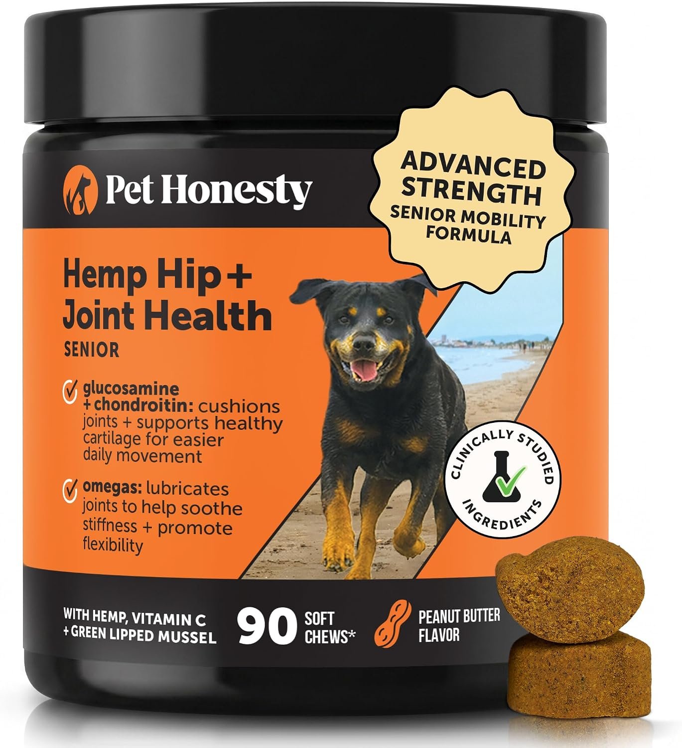 Senior Hemp Hip and Joint Supplement for Dogs – Glucosamine Chondroitin, MSM & Green Lipped Mussel – Relief for Joint Stiffness, Advanced Strength Mobility Support Senior Dogs (Peanut Butter, 90 Ct)