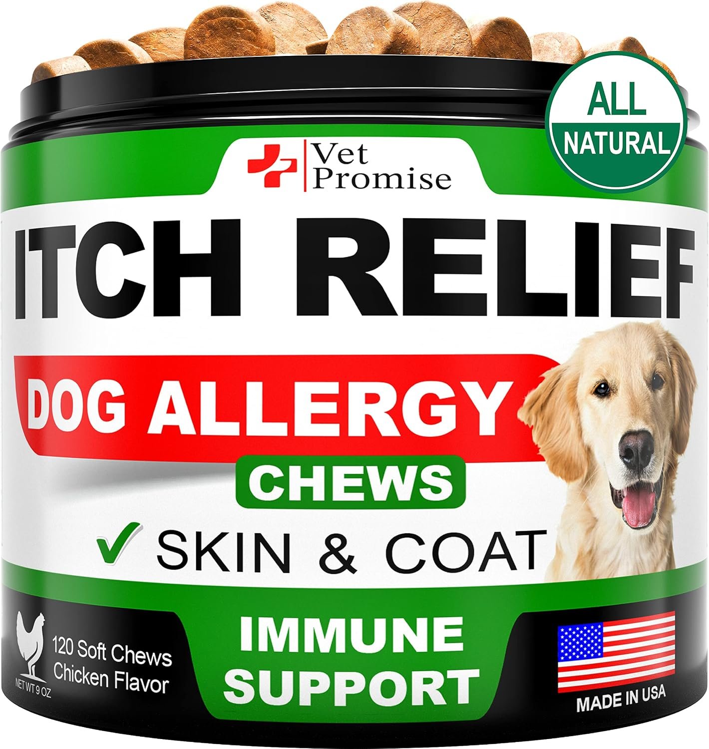 Dog Allergy Relief Chews – Dog Itch Relief Treatment – Anti Itch – Itchy Skin – Dry Skin & Hot Spots – Immune Health Supplement with Probiotics, Omega 3 Fish Oil, Colostrum – Made in USA – 120 Treats