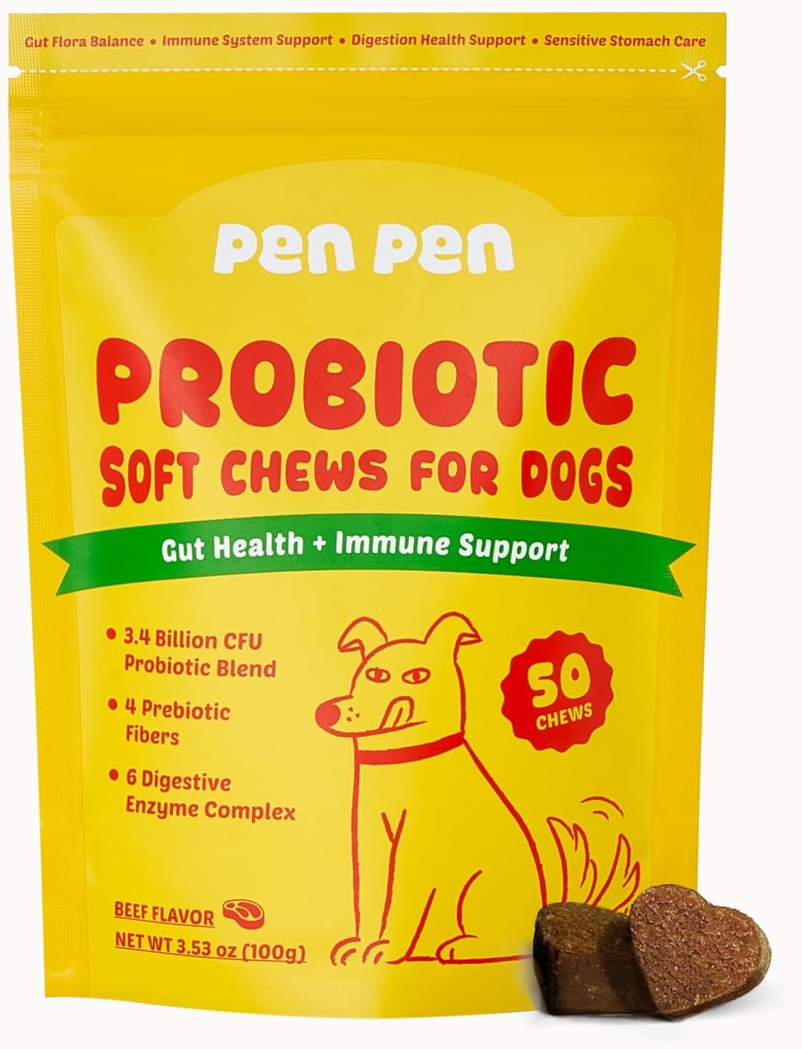 PENPEN Probiotics for Dogs, Dogs Probiotics for Digestive Health, Multi-Probiotic and Enzyme Blend Promote Gut Health & Immune Support, Eases Sensitive Stomachs (Beef Chews, 50ct)