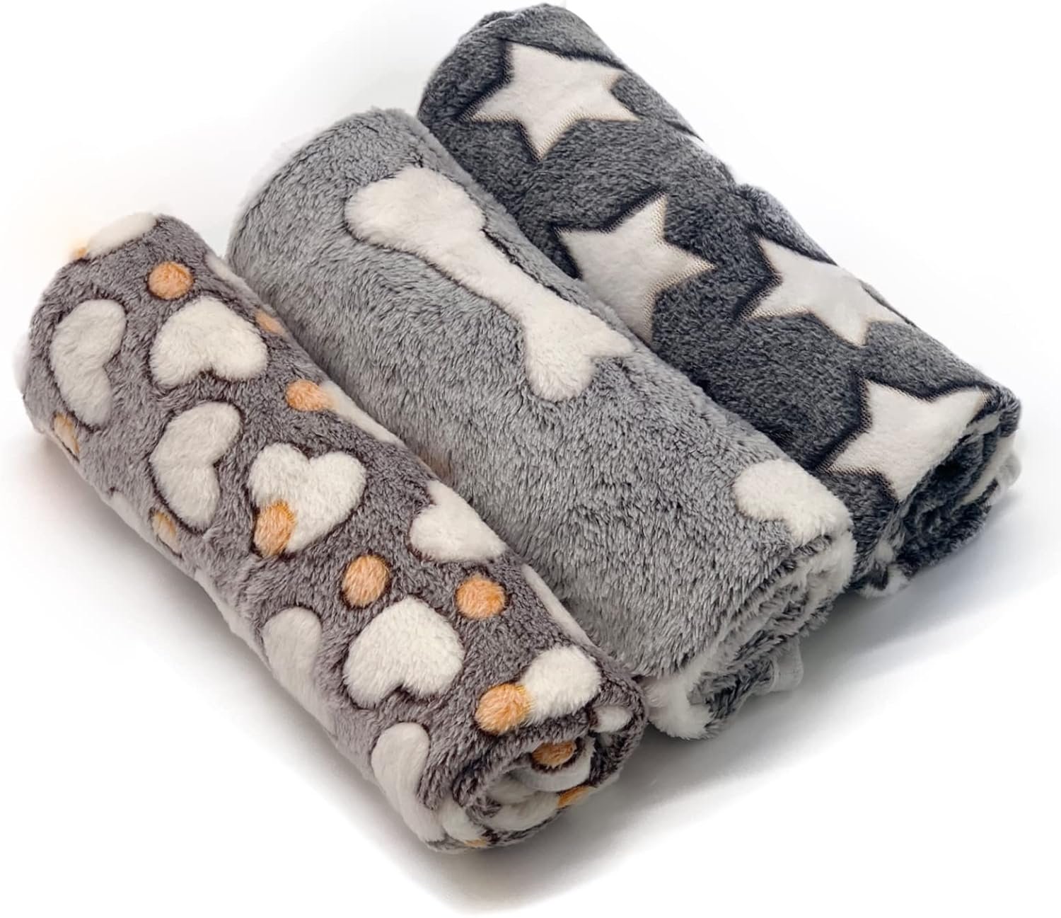 1 Pack 3 Puppy Blankets Super Soft Warm Sleep Mat Grey Cute Print Fluffy Fleece Pet Flannel Throw Dog Blankets for Small Dogs Cats,Star&Bone&Love- Small (23″x15″)